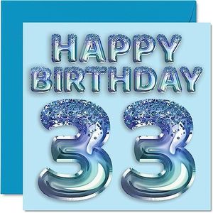 33e verjaardagskaart voor mannen - blauwe glitter feestballon - gelukkige verjaardagskaarten voor 33-jarige man broer vriend oom vader, 145 mm x 145 mm drieëndertigste verjaardag wenskaarten cadeau