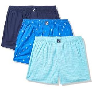 Nautica Klassieke katoenen boxershorts voor heren, verpakking van 3 stuks, geweven boxershorts, pauw/pied-de-poule-scubablauw/ankerprint, L, Peacoat/Houndstooth-scuba Blauw/Anker Print, L