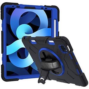 Beschermhoes voor iPad Air 4/5 10,9 inch (25,6 cm), robuuste beschermhoes met 360 graden draaibare standaard, verstelbare polsband & penhouder – donkerblauw + zwart