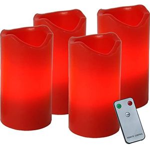 EGLO 4-delige set flikkerende ledkaarsen, stompkaarsen vlamloos met timerfunctie en afstandsbediening, op batterijen werkende waskaarsen van echte was in rood, warmwit, 10 cm, 410076
