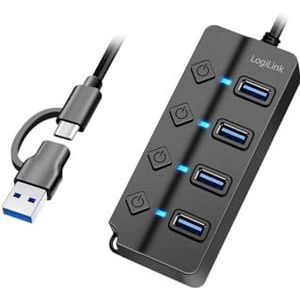 LogiLink UA0419 - USB 3.2 Gen1 Hub met 4 poorten en aan/uit-schakelaar (per poort)