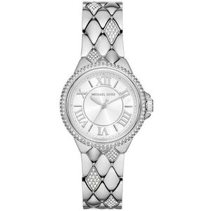 Michael Kors Camille Horloge voor dames, uurwerk met kwartslag en horlogeband van roestvrij staal of leder, Zilvertint