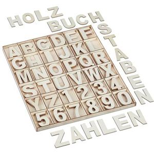 Relaxdays houten letters & cijfers, 144-delig, alfabet, A-Z, getallen 0-9, knutselen, decoreren, kinderkamer, natuur