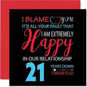 Grappige 21e verjaardagskaart voor echtgenoot vrouw - Your Fault I'm Extremely Happy - Gelukkige 21e huwelijksverjaardagskaart voor partner, 145 mm x 145 mm wenskaarten voor eenentwintigste jubilea