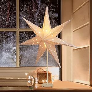 SALCAR LED kerstster verlicht raam 35 cm, papieren ster Kerstmis met E14 lamp, 3D lichtgevende ster staande adventsster met ijzeren voet voet, wit