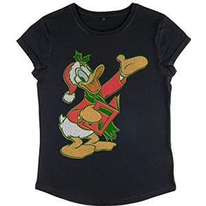 Disney Classics Women's Mickey Classic-Duck Carols Organic Roll Sleeve T-Shirt, Zwart, M, zwart, M