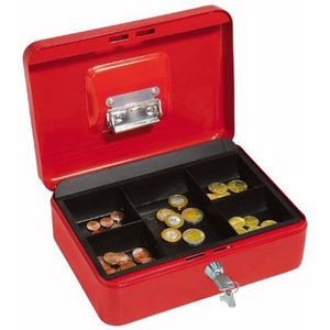 Wedo 145302H geldcassette (van gepoedercoat staal, intrekbare handgreep, bankbiljetten- en documentenklemmen, 5-vaks munteninzet, veiligheidscilinderslot, 25 x 18 x 9 cm), rood