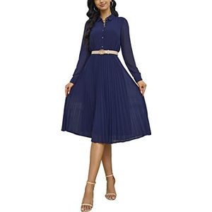 AbleTree Zakelijk Casual Shirt Jurk voor Vrouwen Lange Mouwen Geplooide Midi Jurken met Riem, marineblauw, L