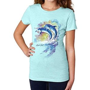 Del Sol T-shirt voor jongeren, meisjes, motief: dolfijn, ijsblauw, verandert van blauw en wit naar levendige kleuren in de zon, 100% gekamd, ringgesponnen katoen, korte mouwen, maat YXS