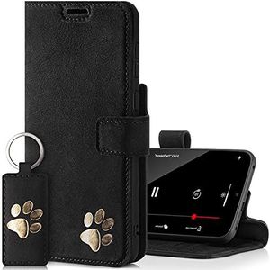 SURAZO Hoes voor mobiele telefoon voor Apple iPhone 15 Pro Max, lederen beschermhoes met pootmotief, RFID-klaphoes, magneet, standfunctie, kaartenvak, flipcase leren hoes, nubuck zwart