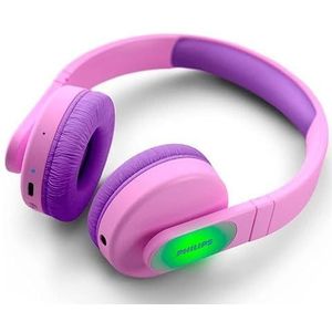 Roze bluetooth-hoofdtelefoon met microfoon, geluidsbesturing en draadloze connectiviteit, ideaal voor luisteren naar muziek en telefoneren.