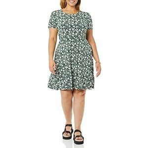 Amazon Essentials Dames verzamelde korte mouwen ronde hals shift jurk (verkrijgbaar in grote maten), donkergroen bloemen, XS