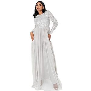 Maya Deluxe Soft Grey Embellished Lange Mouwen Maxi Dress Bruidsmeisjesjurk Dames, Lichtgrijs, 54 NL