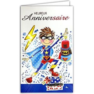 Afie 17-6036 Argus Happy Birthday rood en blauw glanzend met binnenhouder voor kleine jongens, superhelden, Superman, Spiderman, Batman, geïllustreerde kaart met witte envelop, 12 x 19,5 cm