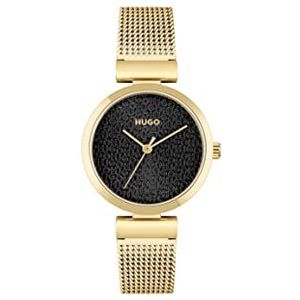 HUGO Analoog Quartz Horloge voor Vrouwen met Goud Gekleurde Roestvrij Staal Mesh Armband - 1540129, Zwart, armband