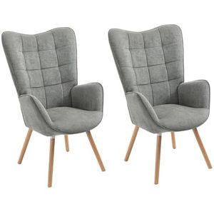 MEUBLE COSY Set van 2 fauteuils voor woonkamer accentstoel met hoge vleugelrug en gewatteerde armleuningen, houten poten, bank voor lezen lounge slaapkamer ingang, grijs, metaal, 66x71x106 cm