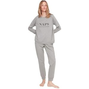 Trendyol Dames met slogan Midden Geweven T-shirt-Broek Pyjama Set, Grijs, XXL