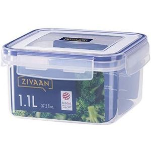 ZIVAAN S21 - Stackable Air & Water Tight Square Voedselcontainer - PP & Silicone - Clear/Navy, 1,1 L (37,2 oz)