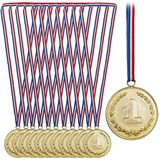 Relaxdays medailles voor kinderen, set van 12, Ø 7 cm, plastic, met lint, kindermedaille, eerste plaats, sportdag, goud