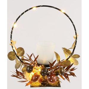 Theelichthouder van glas met LED-licht theelichtkaars herfst versierd met paddenstoelen eekhoorntje herfstbladeren 16 cm decoratieve kunstbloemen kandelaar kaarsenhouder tafeldecoratie kaars windlicht