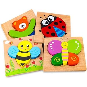 Afufu Houten legpuzzels voor peuters van 1 2 3 jaar oud, jongens en meisjes educatief Montessori leerspeelgoed cadeau met 4 dierenpatronen, heldere levendige kleurvormen van dieren