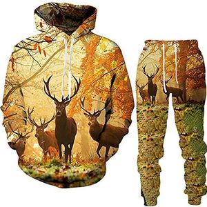 Herfst heren digitale 3D Fawn Print Heren Capuchon Lange Mouw Trui + Broek Pullover Zak Pullover, 14482 - Deep Black, 50W / 26L