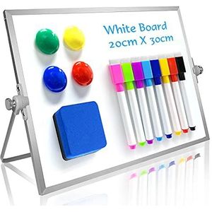 OWill Dry Erase Whiteboard, 20 X 30 cm klein magnetisch bureaublad whiteboard met standaard, draagbaar dubbelzijdig whiteboard ezel voor kinderen tekenen op school en thuis