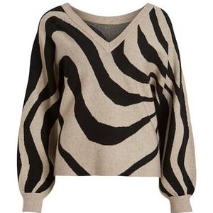 Vila Dames Viril Rev V-hals L/S Jacquard Knit Top/R gebreide trui, natuurlijk gemêleerd/patroon: zwart, XL