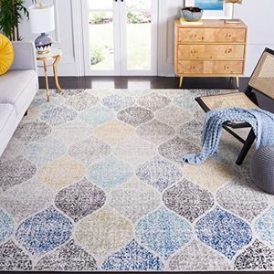 Safavieh Hedendaags tapijt voor woonkamer, eetkamer, slaapkamer - Madison Collection, korte pool, ivoor en blauw, 155 x 229 cm