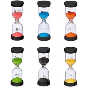 Relaxdays zandloper set van 6, theetimers, 1/3/ 5/10/ 15/30 min, 16 x 5,5 cm, tandenpoetstimers kinderen, kleurrijk
