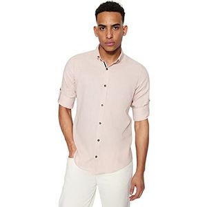 TRENDYOL Heren overhemd blousekraag effen kleur slim shirt shirt, powder, S, roze (powder), S