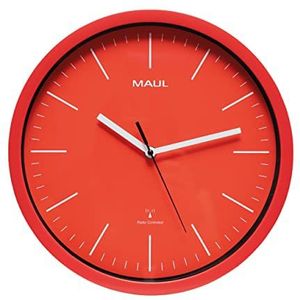 Maul Wandklok MAULjump Ø 30,5 cm | stijlvolle radioklok met mineraalglas | automatische tijdinstelling | ideaal voor kantoor, thuiskantoor en op het werk | inclusief batterij | rood