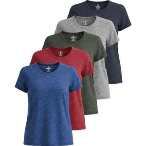 Real Essentials Womens Quick Dry Fit Dri Fit Active Wear Yoga Workout Athletic Tops Running Gym Exercise Ladies Short Sleeve Crew Scoop Neck Moisture Wicking Tees T-Shirt, Set 3, XL, Pack of 5