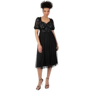 Maya Deluxe Dames Midi Jurk Korte Pofmouwen Sweetheart Hals 3D Bloemen Verfraaid Ruche Tule A-lijn Gelegenheid Zwart 6, Zwart, 32