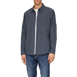 s.Oliver - Overhemd - Navy/Wit - Katoen - Borstzak, Knoopsluiting, Geruit, Kentkraag, Lange Mouw