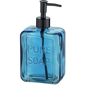 WENKO Pure Soap Zeepdispenser, navulbare vloeibare zeepdispenser van hoogwaardig glas, royale dispenser voor keuken, badkamer en gastentoilet, inhoud 550 ml, 9,5 x 20 x 6 cm, blauw