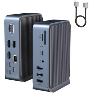 15-in-2 USB C-adapter, dual monitor USB C HUB, USB C docking station, met 2 HDMI, VGA, 4 USB A, 2 USB C, USB C 3.0, Ethernet, 100 W PD, audio en SD/TF kaartlezeraansluitingen voor laptop