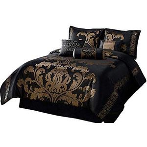 Chezmoi Collection 7-delige Jacquard Floral Trooster Set Bed-in-a-Bag, California King, Zwart/Goud
