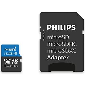 Philips SDXC Card 512GB + SD Adapter UHS-I U3 Reads up to 100MB/s A1 Fast App Performance V30 Memory Card for Smartphones, Tablet PC, Card Reader