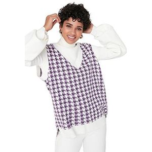 TRENDYOL Dames V-hals geruit nauwsluitende trui vest sweater, paars, 40-42, lila, 40/42 NL