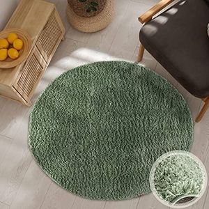 carpet city Hoogpolig tapijt woonkamer - effen groen - 80x80 cm rond - shaggy tapijt hoogpolige Uni - slaapkamer tapijt pluizig zacht - moderne woonkamertapijten