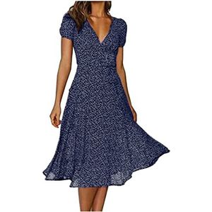 Dames retro zomer midi jurken polka dot print V-hals korte mouw strand party jurk hoge taille A-lijn zonnejurk