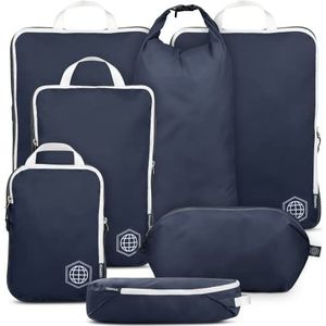 Extra grote compressie verpakking kubussen voor reizen - Extra grote verpakking kubus bagage organisatoren 7-delige set, ultralicht, uitbreidbaar/compressie zakken voor kleding (marineblauw/wit))