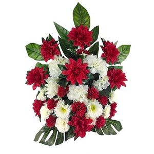 DRW Kunstbloemencentrum, begraafplaats, kerk voor bruiloften in rood en wit, met dahlia's en lelies, 70 x 73 x 30 cm