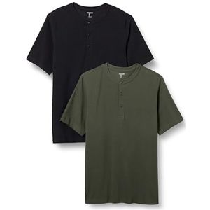 Amazon Essentials Heren Regular-Fit Pique Henley met korte mouwen (verkrijgbaar in Big & Tall), pak van 2, zwart/olijf, Large