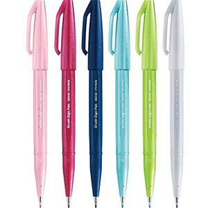 Pentel SES15C Brush Sign Pen – ideaal voor belettering, illustratie en kalligrafie met flexibele vezelpunt, verschillende kleuren, 6 stuks