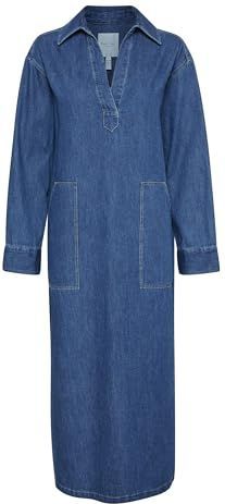 Part Two - Denim Maxi Jurk - Jurk - Blauw - 100% Katoen, Grote Zijzakken, V-hals, Lange Mouwen