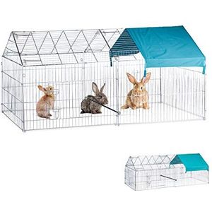Relaxdays uitloopren voor konijnen en kippen, met zonnedoek, optionele zitstang, groot buitenren, 103x100x220 cm zilver