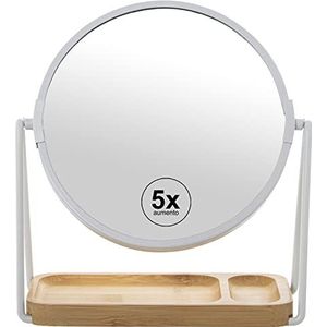 DRW Ronde spiegel met 5-voudige vergroting van metaal en hout in wit en natuur, 18 cm