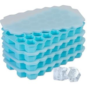 Relaxdays siliconen ijsblokjesvorm, set van 4, herbruikbaar, flexibele vorm, 37 zeshoekige ijsblokjes, met deksel, blauw